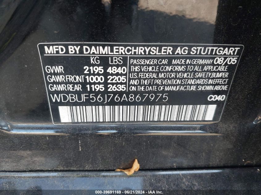 2006 Mercedes-Benz E 350 VIN: WDBUF56J76A867975 Lot: 39691169