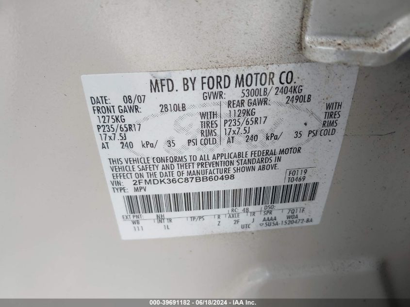 2007 Ford Edge Se VIN: 2FMDK36C87BB60498 Lot: 39691182