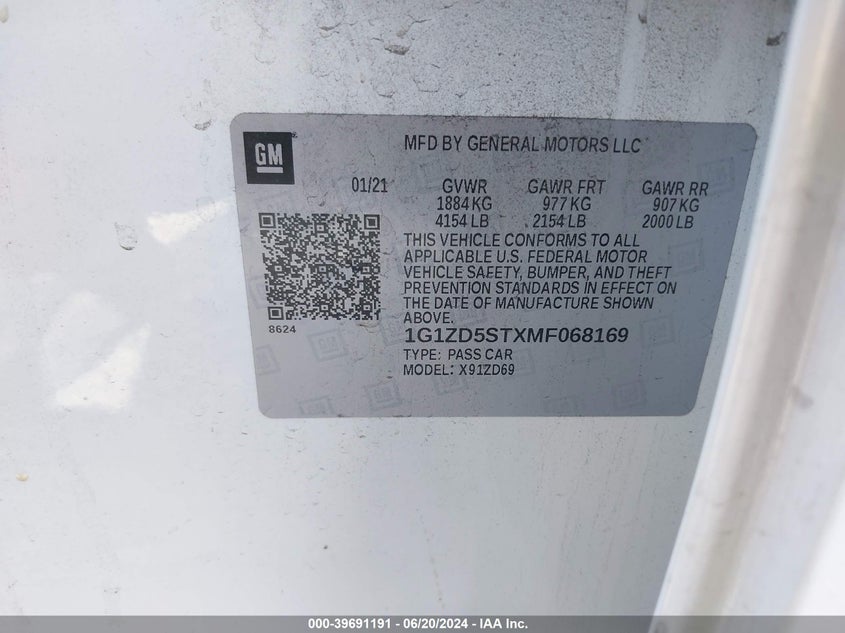2021 Chevrolet Malibu Fwd Lt VIN: 1G1ZD5STXMF068169 Lot: 39691191