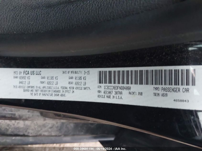 2015 Chrysler 200 Limited VIN: 1C3CCCAB3FN684080 Lot: 39691194