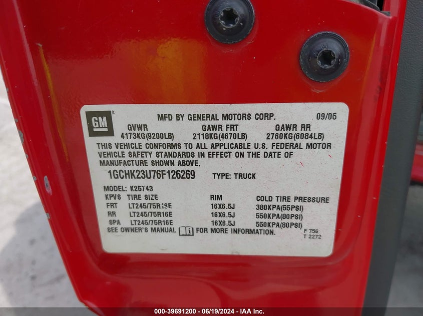 2006 Chevrolet Silverado 2500Hd Lt1 VIN: 1GCHK23U76F126269 Lot: 39691200