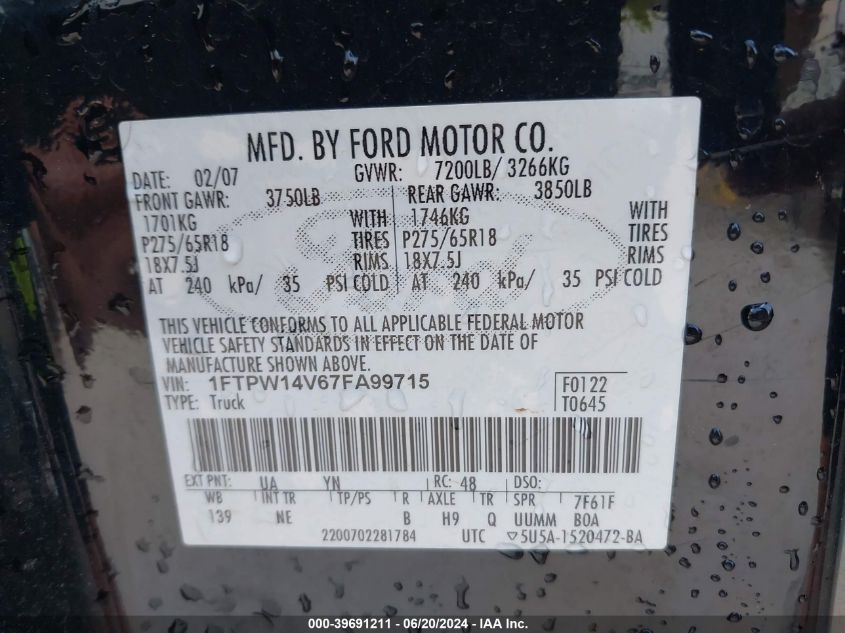 2007 Ford F-150 Fx4/Lariat/Xlt VIN: 1FTPW14V67FA99715 Lot: 39691211