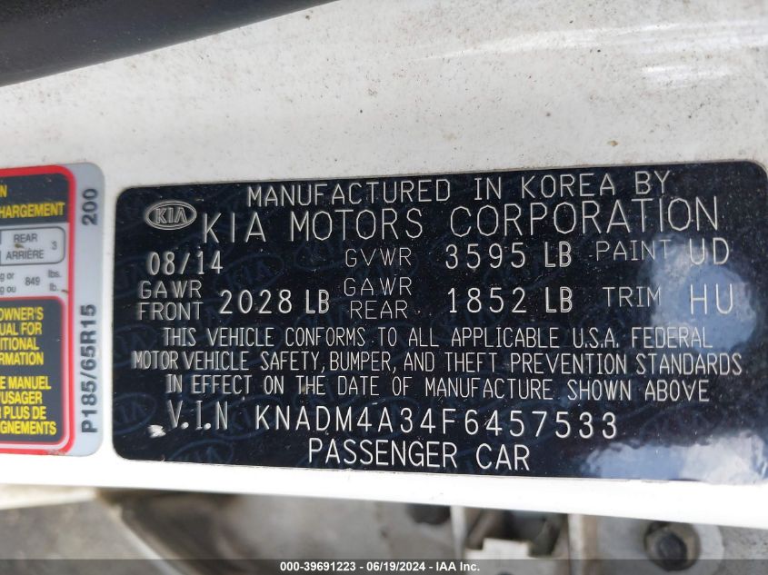 2015 Kia Rio Lx VIN: KNADM4A34F6457533 Lot: 39691223