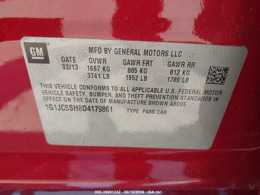 2013 Chevrolet Sonic Lt Auto VIN: 1G1JC5SH8D4179861 Lot: 39691242