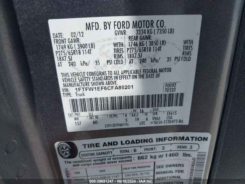 2012 Ford F-150 Xlt VIN: 1FTFW1EF6CFA89201 Lot: 39691247