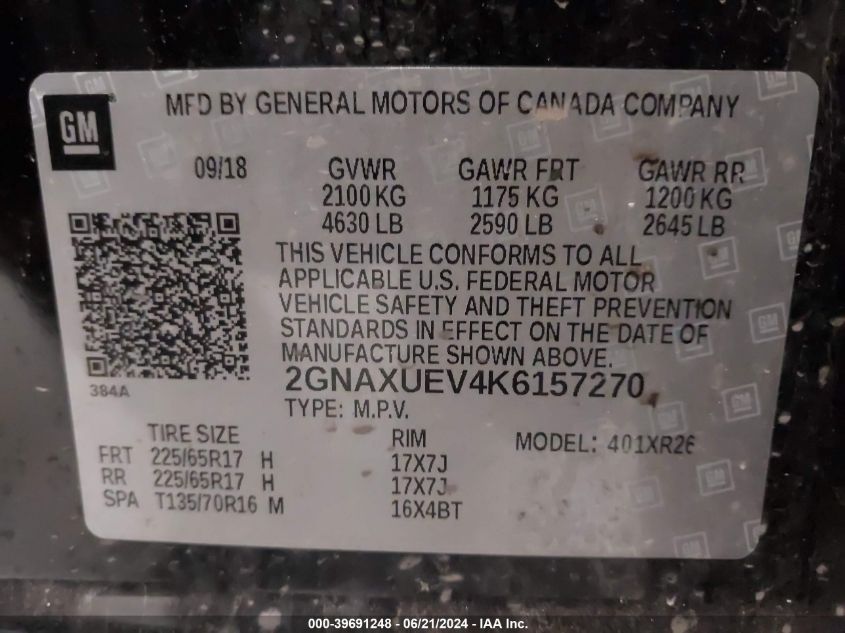 2019 Chevrolet Equinox Lt VIN: 2GNAXUEV4K6157270 Lot: 39691248