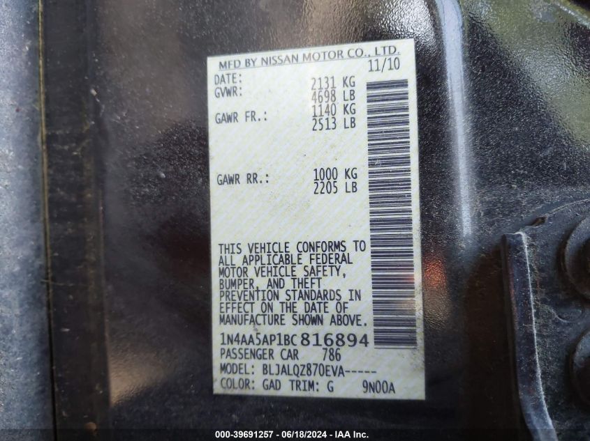 2011 Nissan Maxima 3.5 S VIN: 1N4AA5AP1BC816894 Lot: 39691257