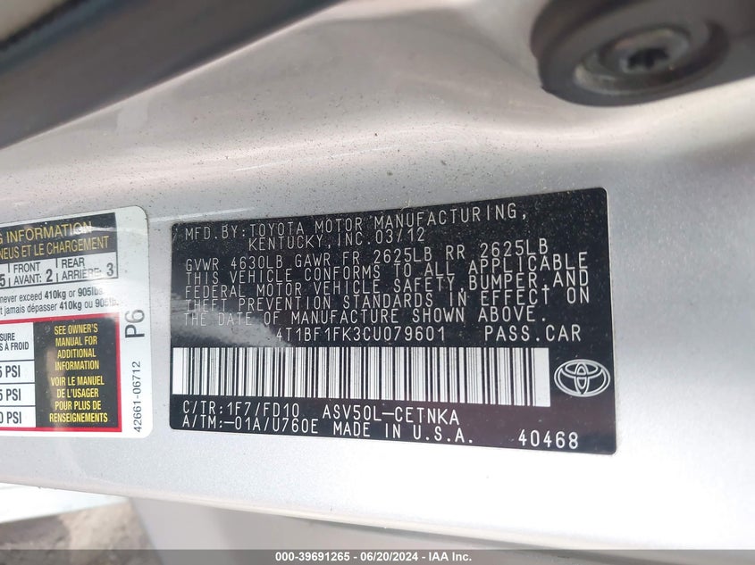 2012 Toyota Camry Le VIN: 4T1BF1FK3CU079601 Lot: 39691265