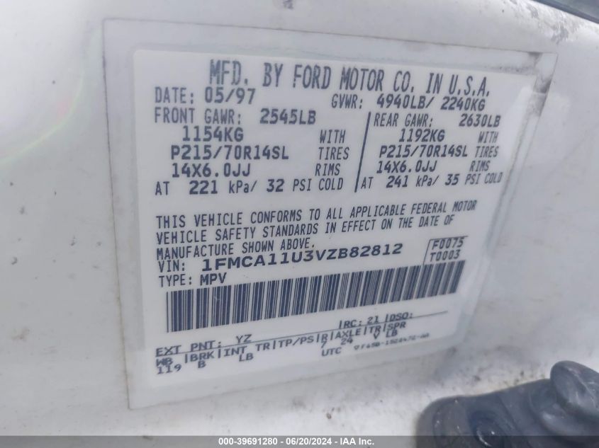 1997 Ford Aerostar Xlt VIN: 1FMCA11U3VZB82812 Lot: 39691280