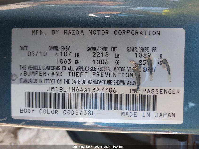 2010 Mazda Mazda3 S Sport VIN: JM1BL1H64A1327706 Lot: 39691287