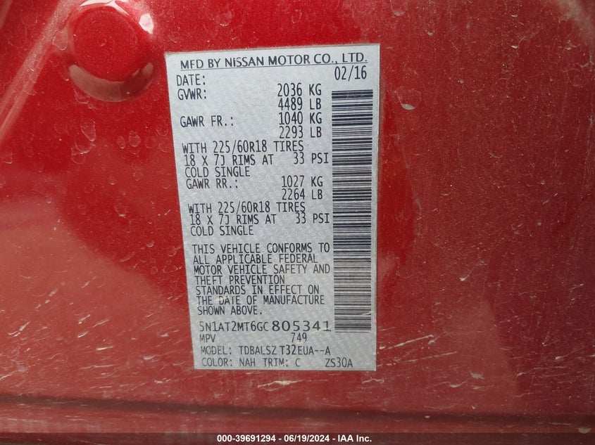 2016 Nissan Rogue S/Sl/Sv VIN: 5N1AT2MT6GC805341 Lot: 39691294