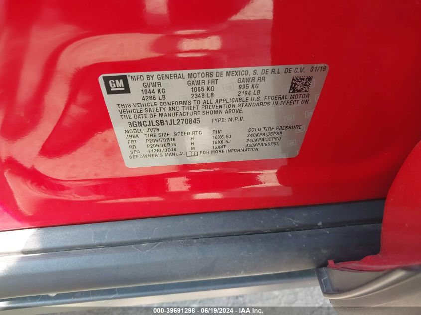 2018 Chevrolet Trax Lt VIN: 3GNCJLSB1JL270845 Lot: 39691298