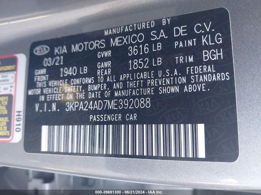 2021 Kia Rio S VIN: 3KPA24AD7ME392088 Lot: 39691300