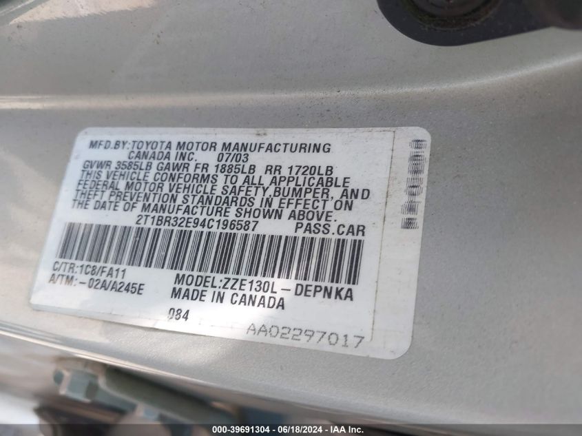 2004 Toyota Corolla Le VIN: 2T1BR32E94C196587 Lot: 39691304