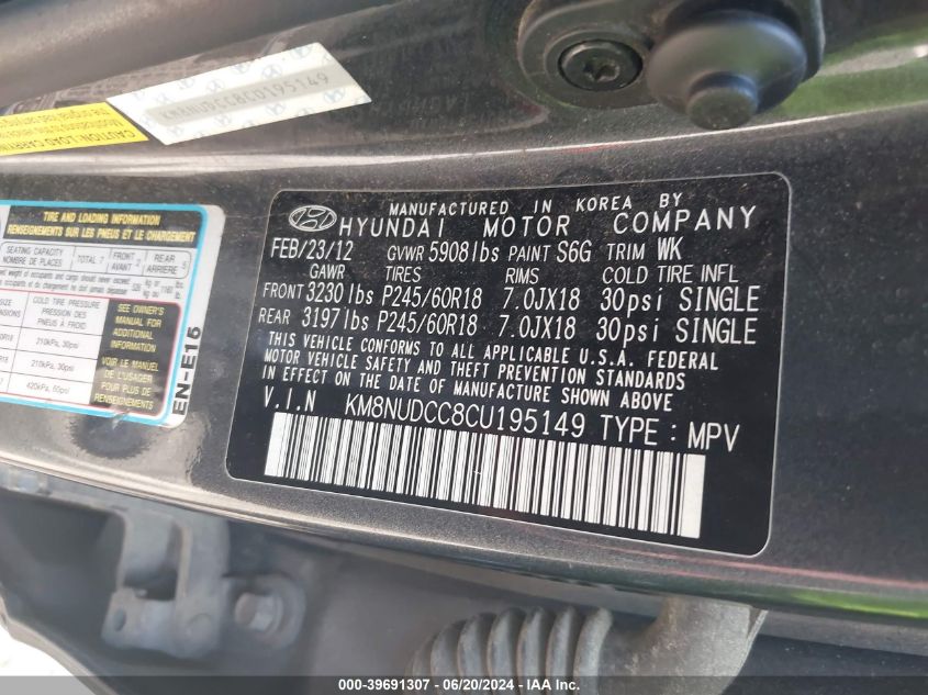 2012 Hyundai Veracruz Limited VIN: KM8NUDCC8CU195149 Lot: 39691307