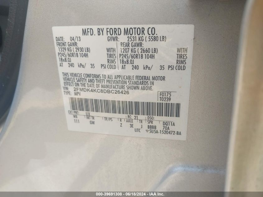 2013 Ford Edge Limited VIN: 2FMDK4KC8DBC26426 Lot: 39691308