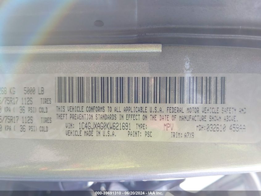 2019 Jeep Wrangler Sport VIN: 1C4GJXAG0KW621691 Lot: 39691310