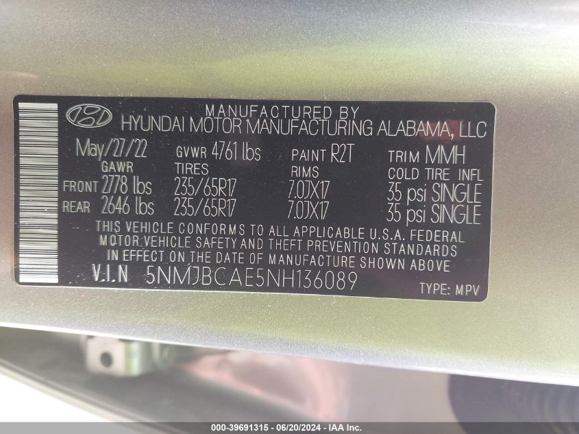 2022 Hyundai Tucson Sel VIN: 5NMJBCAE5NH136089 Lot: 39691315