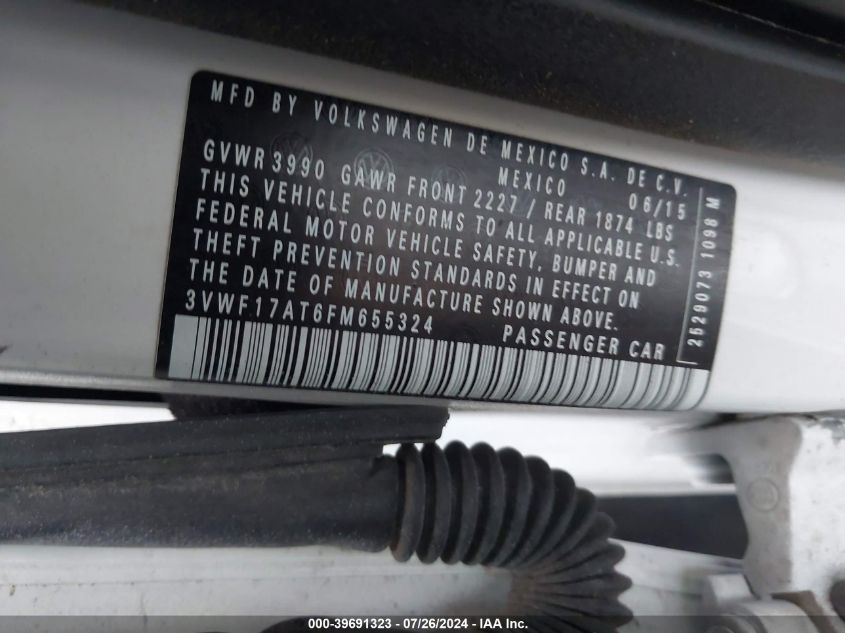 2015 Volkswagen Beetle 1.8T Classic VIN: 3VWF17AT6FM655324 Lot: 39691323