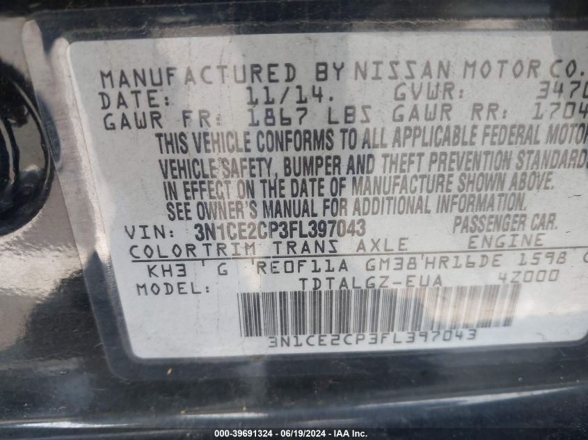 2015 Nissan Versa Note S/S Plus/Sv/Sl/Sr VIN: 3N1CE2CP3FL397043 Lot: 39691324