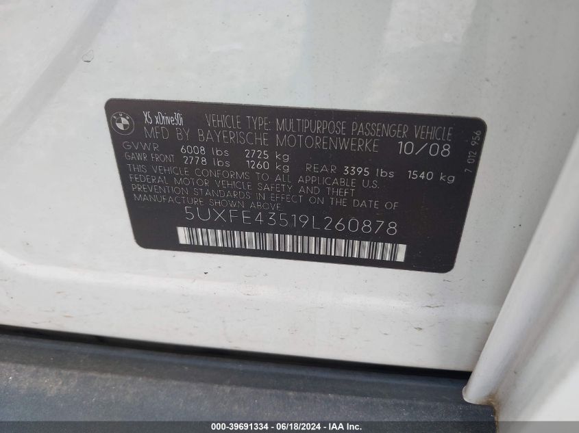 2009 BMW X5 xDrive30I VIN: 5UXFE43519L260878 Lot: 39691334