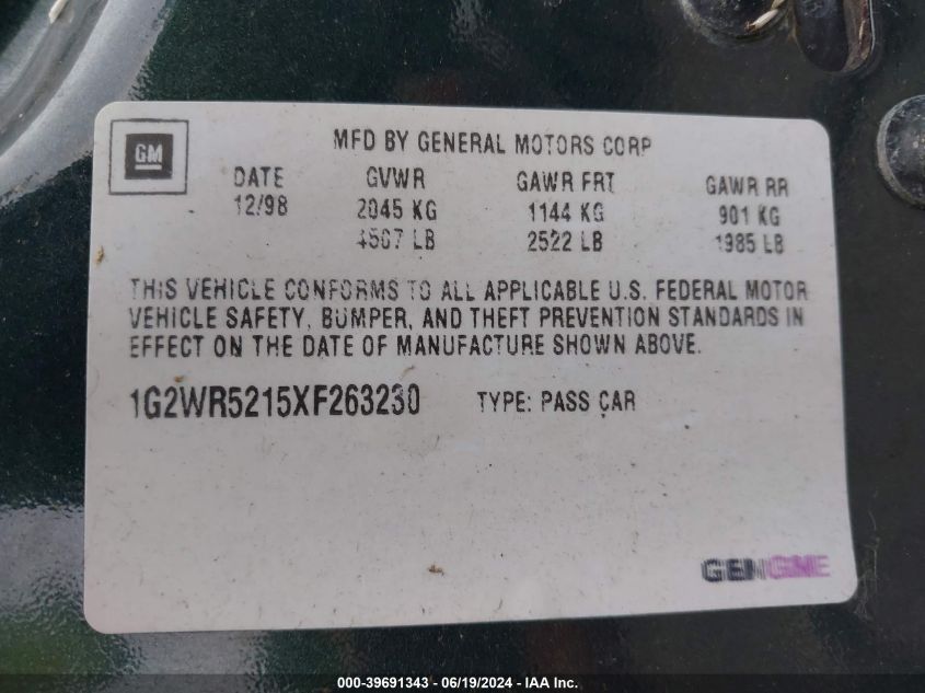 1999 Pontiac Grand Prix Gtp VIN: 1G2WR5215XF263230 Lot: 39691343