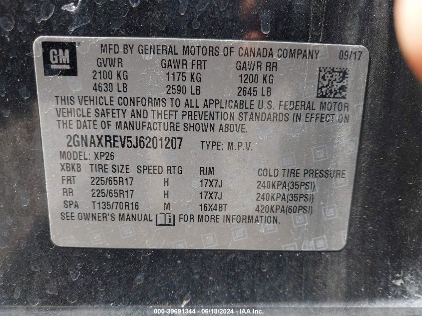 2018 Chevrolet Equinox Ls VIN: 2GNAXREV5J6201207 Lot: 39691344