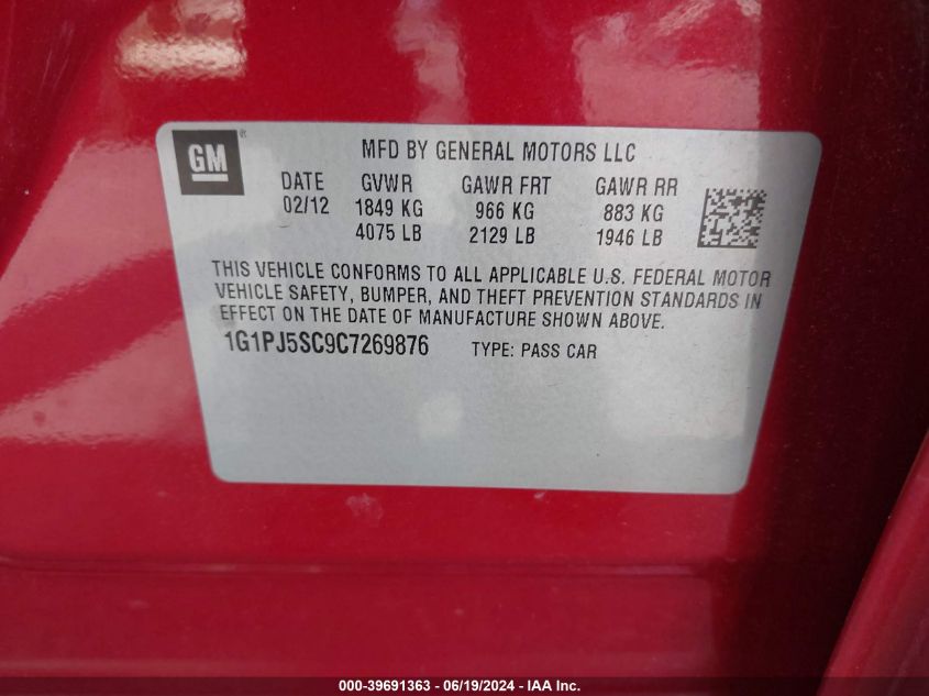 2012 Chevrolet Cruze Eco VIN: 1G1PJ5SC9C7269876 Lot: 39691363