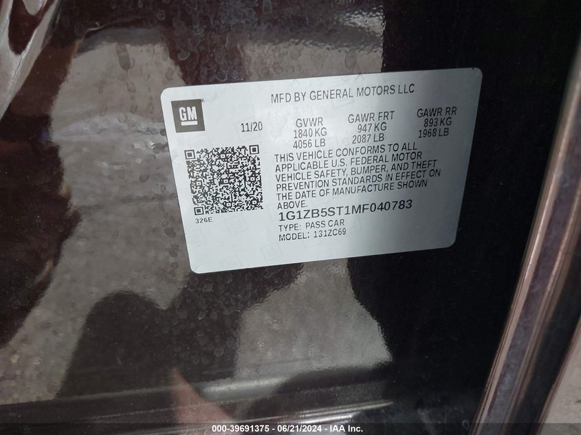 2021 Chevrolet Malibu Ls VIN: 1G1ZB5ST1MF040783 Lot: 39691375