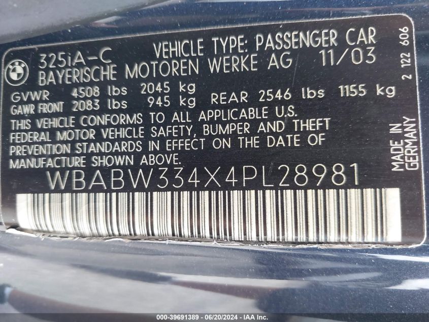 2004 BMW 325Ci VIN: WBABW334X4PL28981 Lot: 39691389