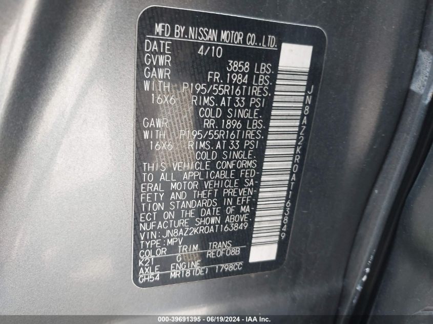 2010 Nissan Cube 1.8 Krom VIN: JN8AZ2KR0AT163849 Lot: 39691395