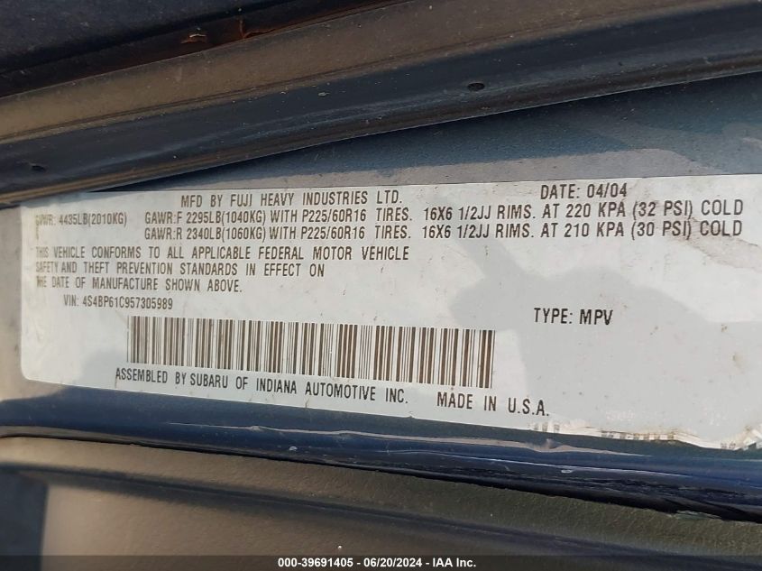 2005 Subaru Outback 2.5I VIN: 4S4BP61C957305989 Lot: 39691405