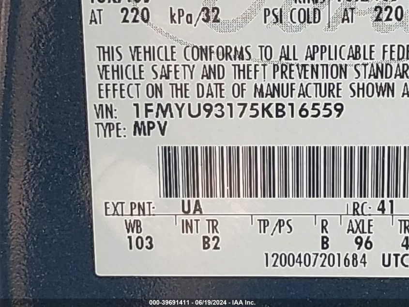 2005 Ford Escape Xlt VIN: 1FMYU93175KB16559 Lot: 39691411