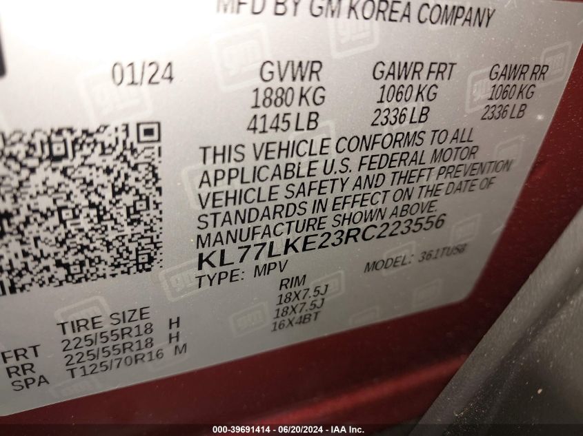 2024 Chevrolet Trax Activ VIN: KL77LKE23RC223556 Lot: 39691414