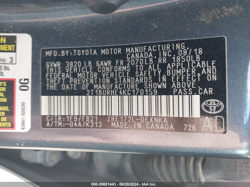 2019 TOYOTA COROLLA L/LE/XLE/SE/XSE - 2T1BURHE4KC170159