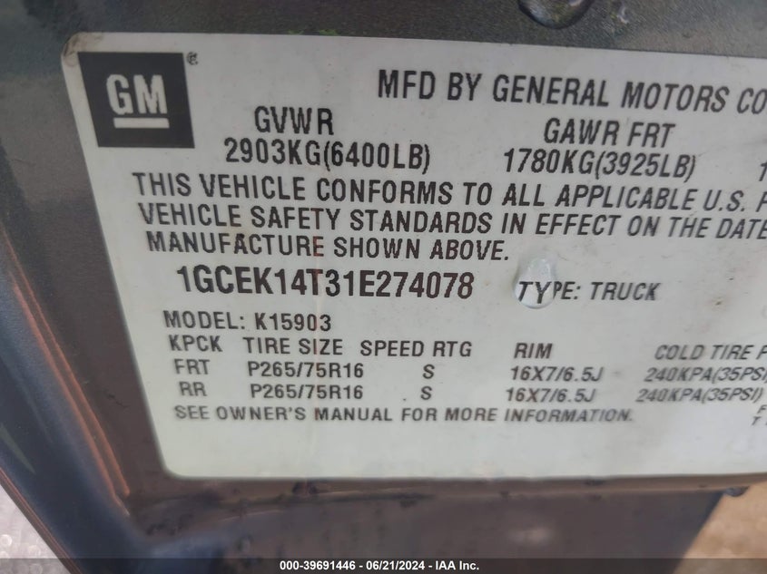 2001 Chevrolet Silverado 1500 Ls VIN: 1GCEK14T31E274078 Lot: 39691446