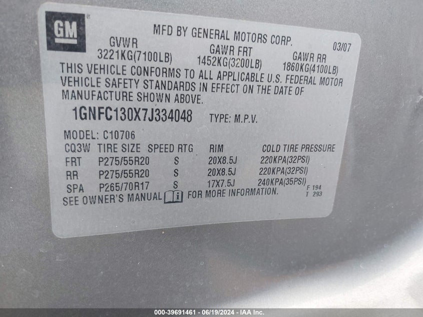 2007 Chevrolet Tahoe C1500 VIN: 1GNFC130X7J334048 Lot: 39691461