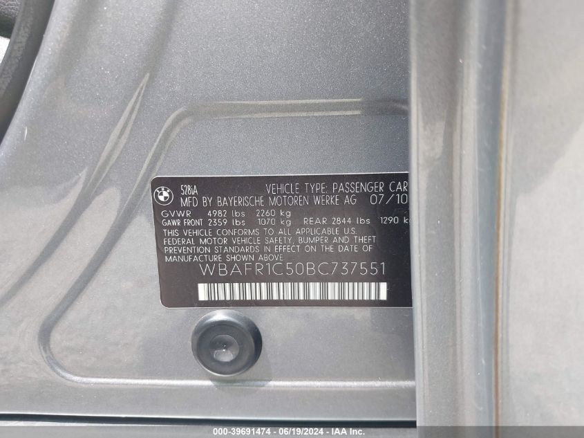 2011 BMW 528I VIN: WBAFR1C50BC737551 Lot: 39691474
