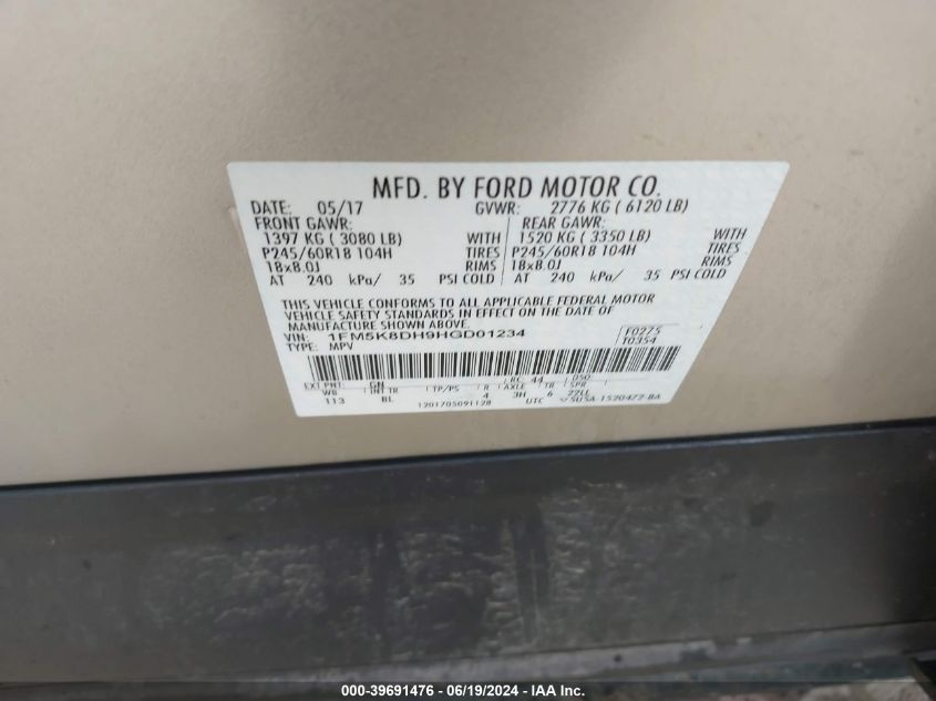 2017 Ford Explorer Xlt VIN: 1FM5K8DH9HGD01234 Lot: 39691476