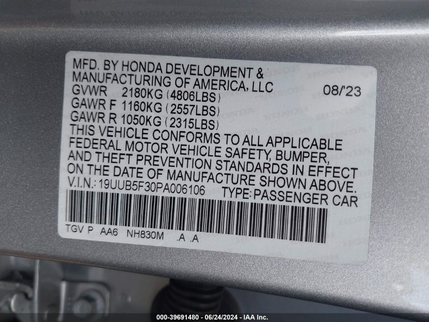 19UUB5F30PA006106 2023 Acura Tlx Standard