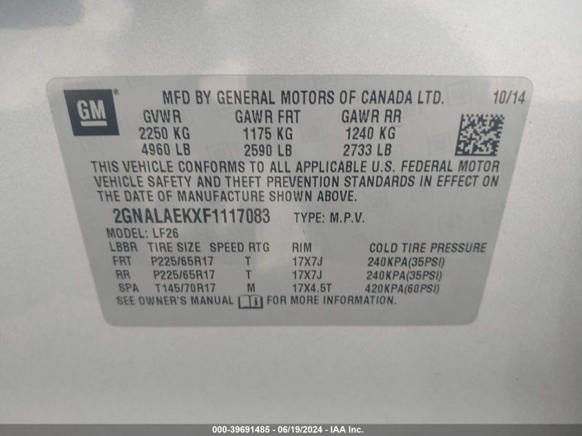 2015 Chevrolet Equinox Ls VIN: 2GNALAEKXF1117083 Lot: 39691485