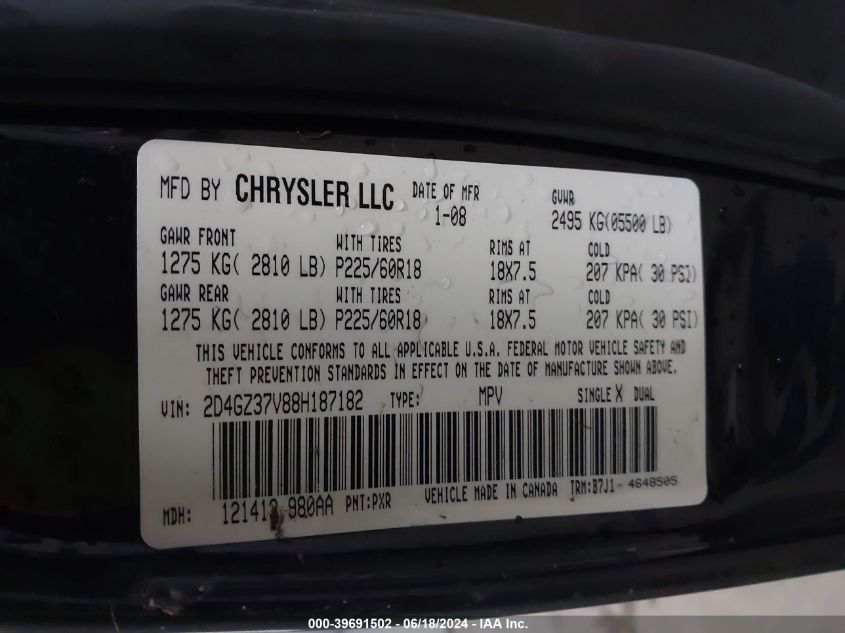 2008 Dodge Magnum Sxt VIN: 2D4GZ37V88H187182 Lot: 39691502