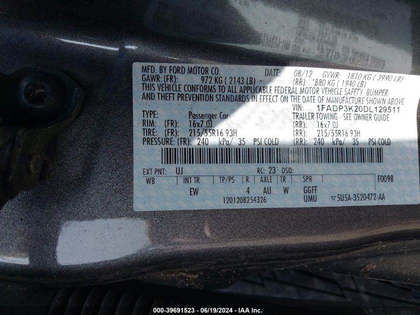 2013 Ford Focus Se VIN: 1FADP3K20DL129511 Lot: 39691523