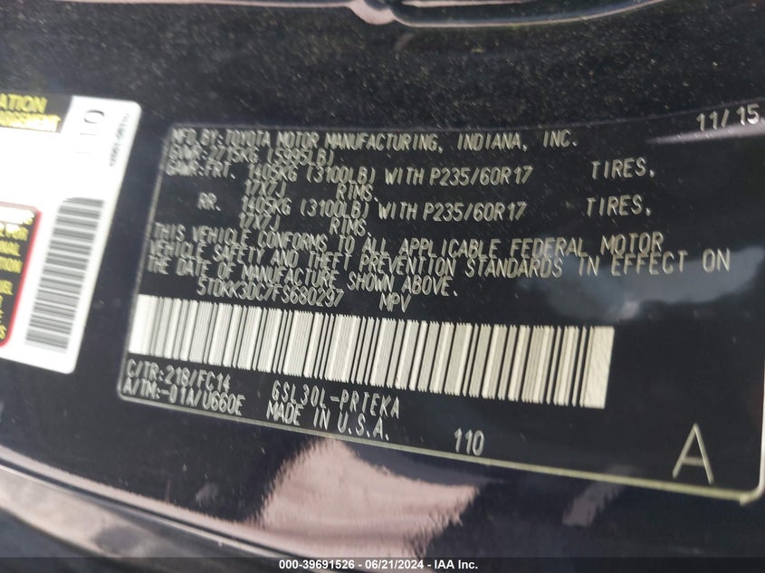 2015 Toyota Sienna Le 8 Passenger VIN: 5TDKK3DC7FS680297 Lot: 39691526