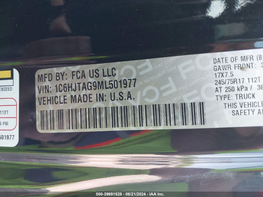 2021 Jeep Gladiator Sport 4X4 VIN: 1C6HJTAG9ML501977 Lot: 39691528