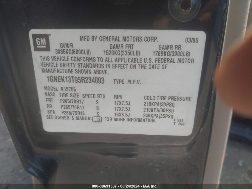 2005 Chevrolet Tahoe Z71 VIN: 1GNEK13T95R234093 Lot: 39691537