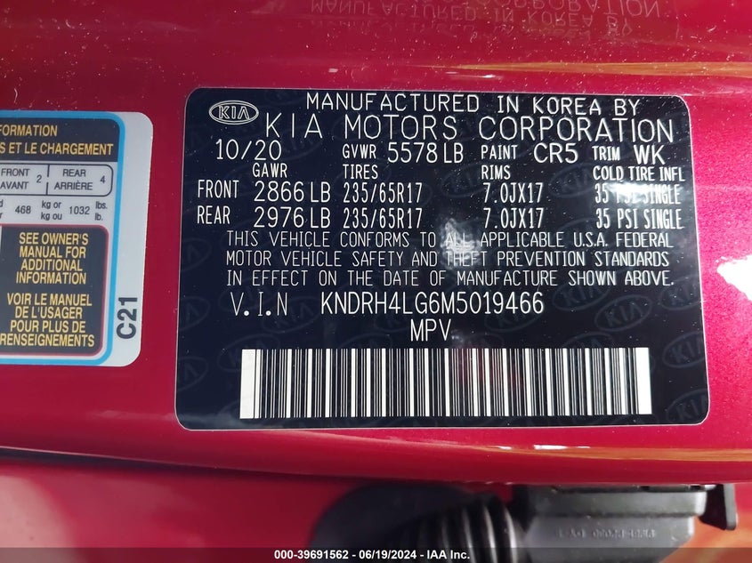 2021 Kia Sorento Hybrid Ex VIN: KNDRH4LG6M5019466 Lot: 39691562
