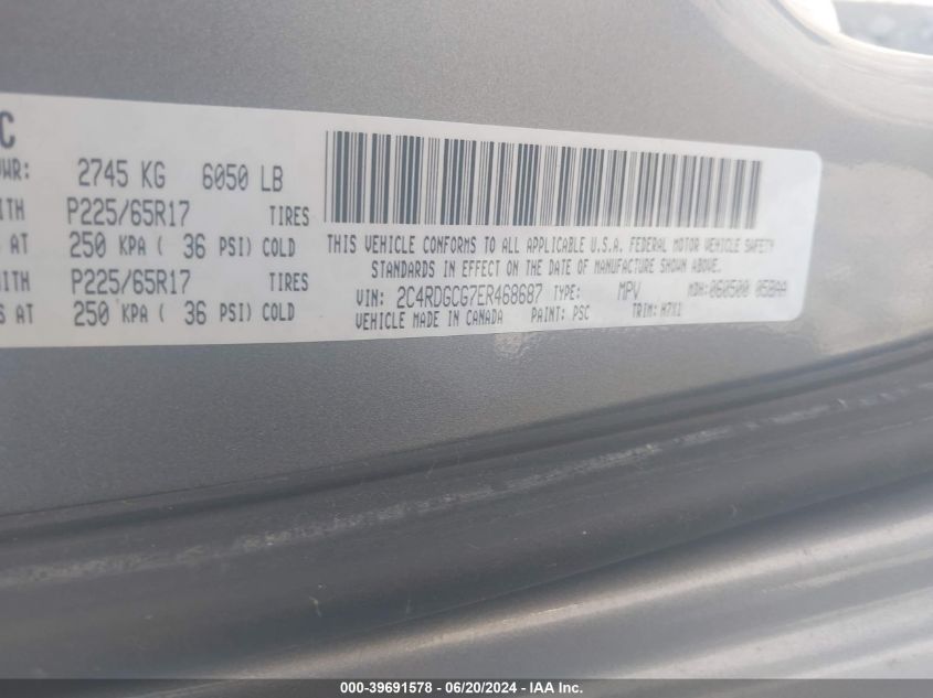 2014 Dodge Grand Caravan Sxt VIN: 2C4RDGCG7ER468687 Lot: 39691578