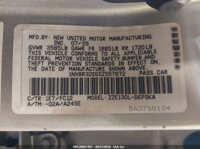 2005 Toyota Corolla S VIN: 1NXBR32E65Z557872 Lot: 39691591