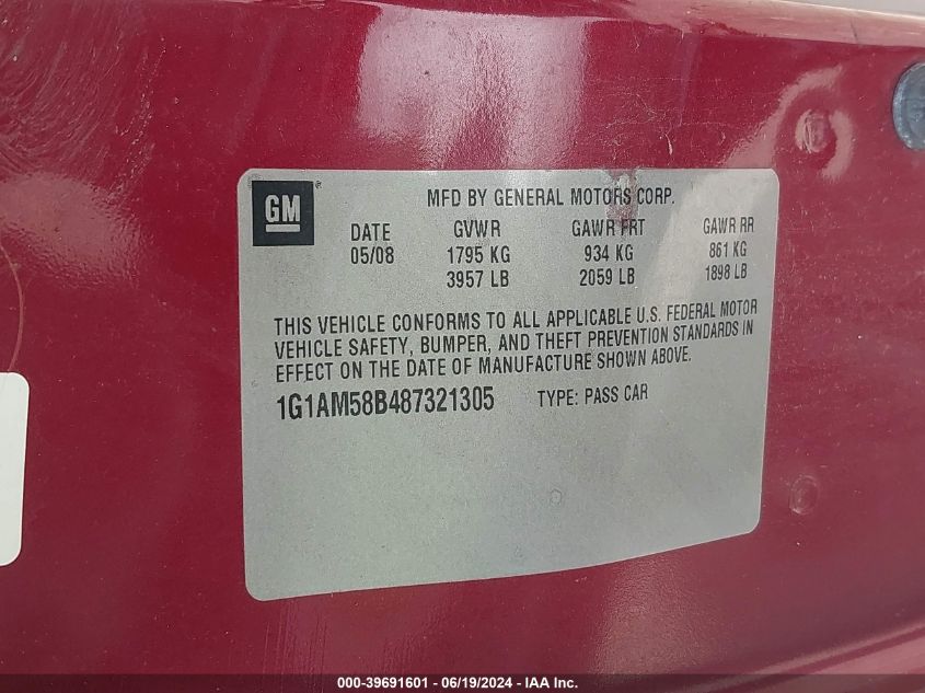 2008 Chevrolet Cobalt Sport VIN: 1G1AM58B487321305 Lot: 39691601